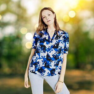 Anthropologie Emily Isabella Panther Animal Print Top Button Up Blouse Oversize